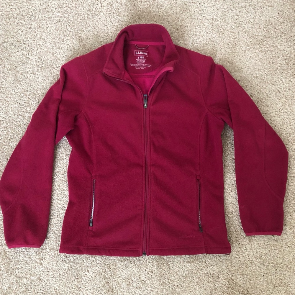 LL Bean Fleece Jacket Wine Full Zip Collared Polartec Windbloc Logo Size Small